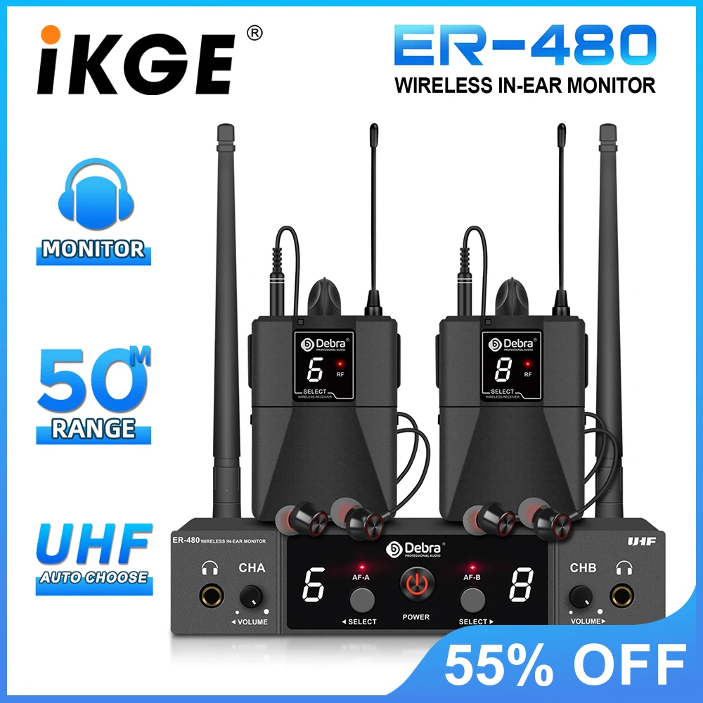 نظام مراقبة لاسلكي داخل الأذن IKGE ER-480، UHF 16 نطاق قابل للتعديل، نطاق 50 مترًا، للاستوديو والأداء المسرحي والكنائس