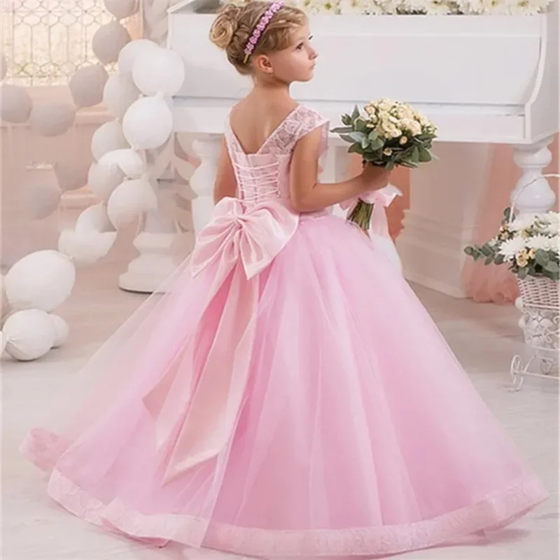 

Simple Pink Flower Girl Dress Lace Bow Tulle Beaded Belt Princess Baby Girl Birthday Party First Communion Wedding Gown