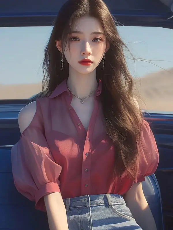 بلوزة شيفون نسائية صيفية فرنسية فريدة من نوعها باللون الأحمر بدون أكتاف