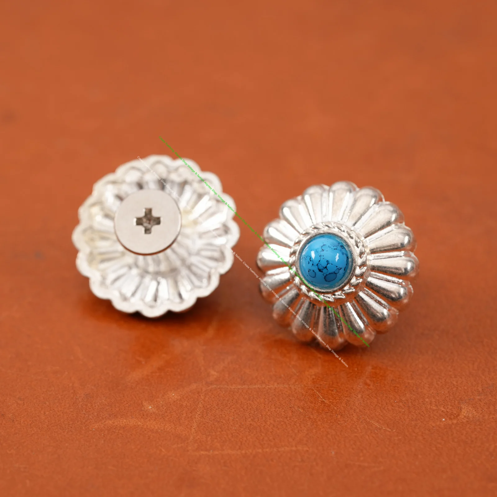 10PC 16MM WESTERN FLORAL BEAUTY TURQUOISE BEADS BLING SLIVER LEATHERCRAFT GARMENT CONCHOS DECOR SCREWBACK