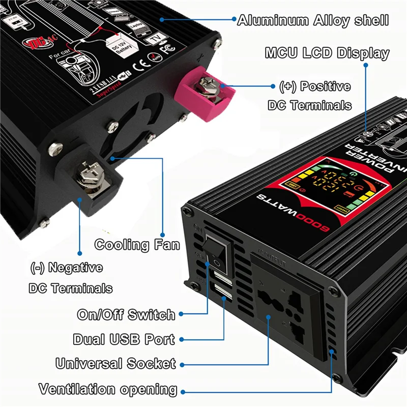 ABGR-محول طاقة متين 6000 وات للمركبات، تيار مستمر 12 فولت إلى تيار متردد 220 فولت مع منفذي USB، مثالي للاستخدام الخارجي
