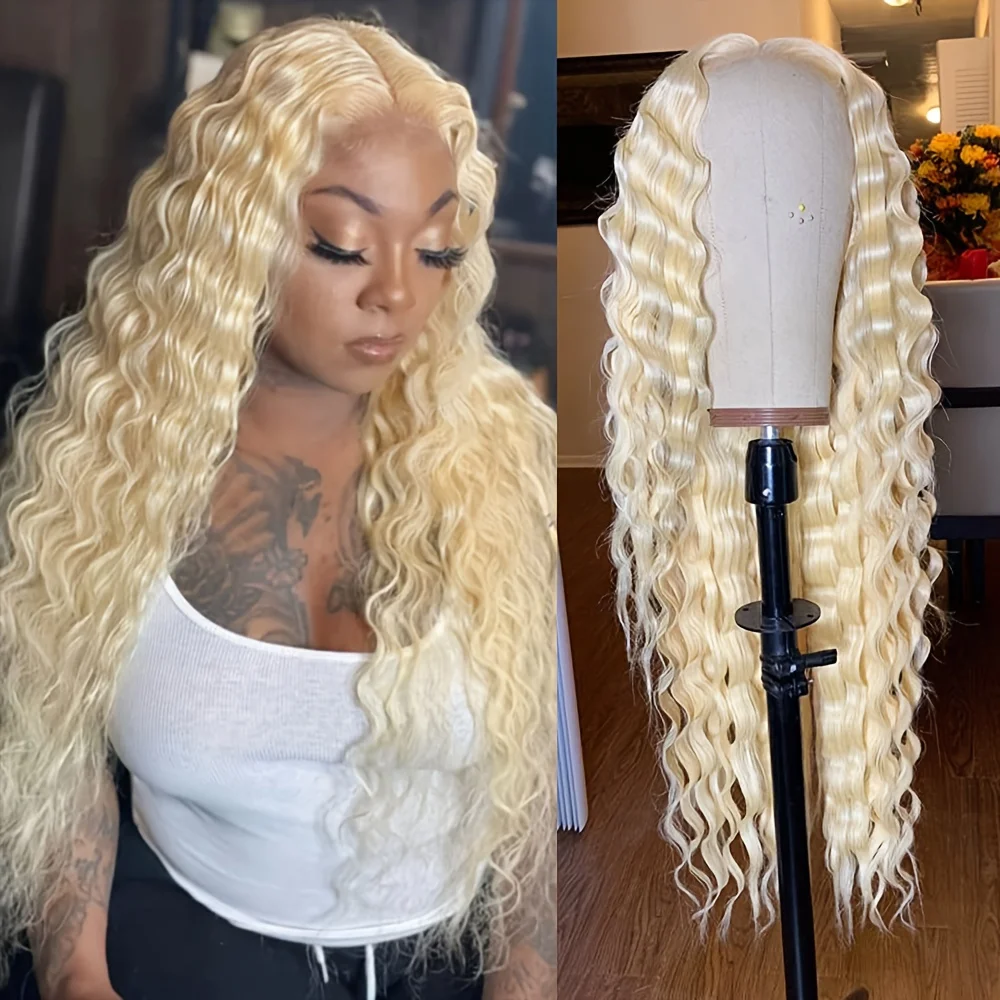 613 Blonde Deep Curly Wave Lace Front Wig Human Hair 13x6 HD Lace Frontal Wig 250% Density Water Wave Curly Wig Pre-Plucked Hairline with Baby Hair Full Natural Look for Black Women