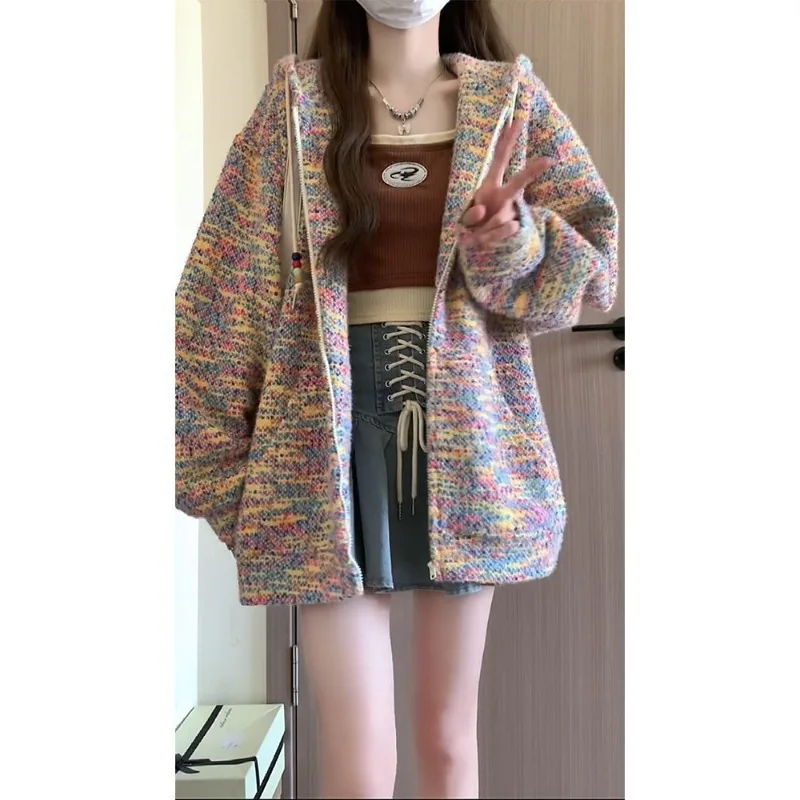 Rainbow Sweater Jacket Female Spring and Autumn Loose Lazy Wind American Retro Design Sense Minority Sweet A Cardigan Hoodie