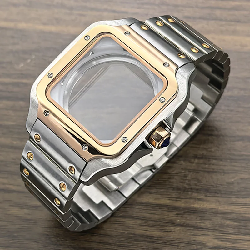 

Customized 38mm NH35 Square Case With Steel Band Fits Santos Case Mod NH35 NH36 4R 7S26 Movement Transparent Back Men Watch Case