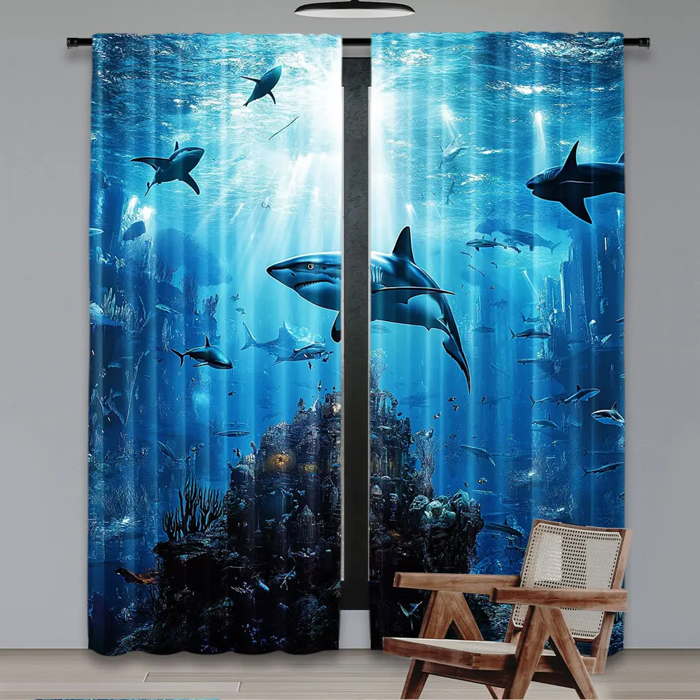 2Pcs Underwater World Curtains Reef Shark Sea Animal Curtains Suitable For Living Room College Dorm Apartment