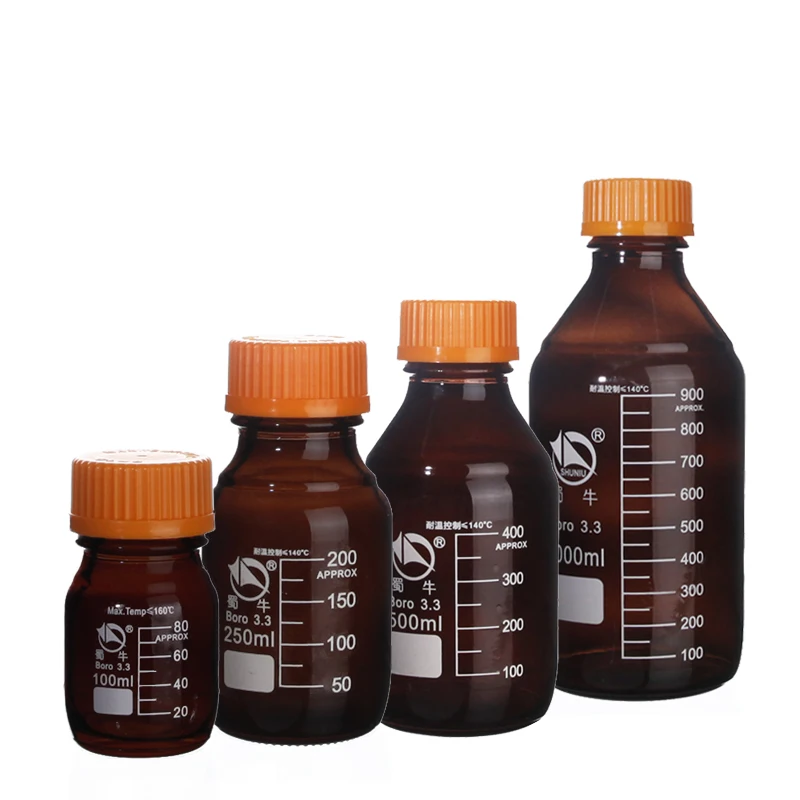 100ml 250ml 500ml 1000ml Boro Laboratory Sample Glass Threaded Reagent Bottle Screw Yellow Cap Amber Brown Refillable Bottles