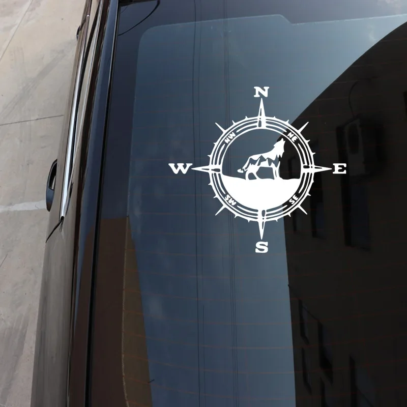 Adventure Compass with Wolf Pattern Car Decals Car Window Decoration Personality Pvc Waterproof Decals Black/white, 17cm*16cm