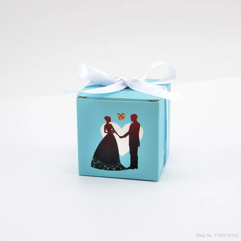 

100pcs Bule Bride and Groom Packing Candy Box Wedding Gifts Boxes For Guests With Ribbon Wedding Favors Decoration Supplies