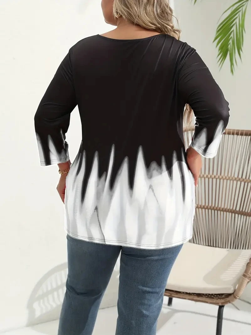 Plus Size CasualT-shirt damski Plus Ombre Print w kratkę pół rękawa dekolt w szpic z lekkim elastyczna koszulka