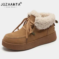 JOZHAMTA Size 35-39 Women Snow Boots Genuine Leather Heels Shoes For Women Winter Cross Strap Boots Wool Boots Casual Footwear