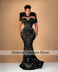 Special Aso Ebi Black Bead Evening Dresses O Neck Off The Shoulder Birthday Dress Luxury 2024 Formal Gown Customized