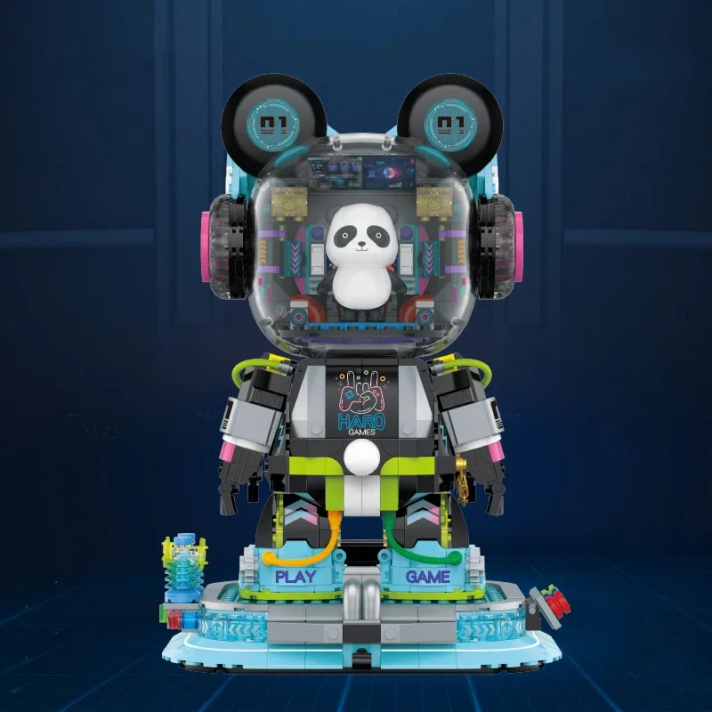 لعبة تجميع مكعبات البناء العصرية، موضوع الباندا الرياضي الإلكتروني على الطراز الصيني، نموذج تمثال مشترك متحرك، هدية للأولاد