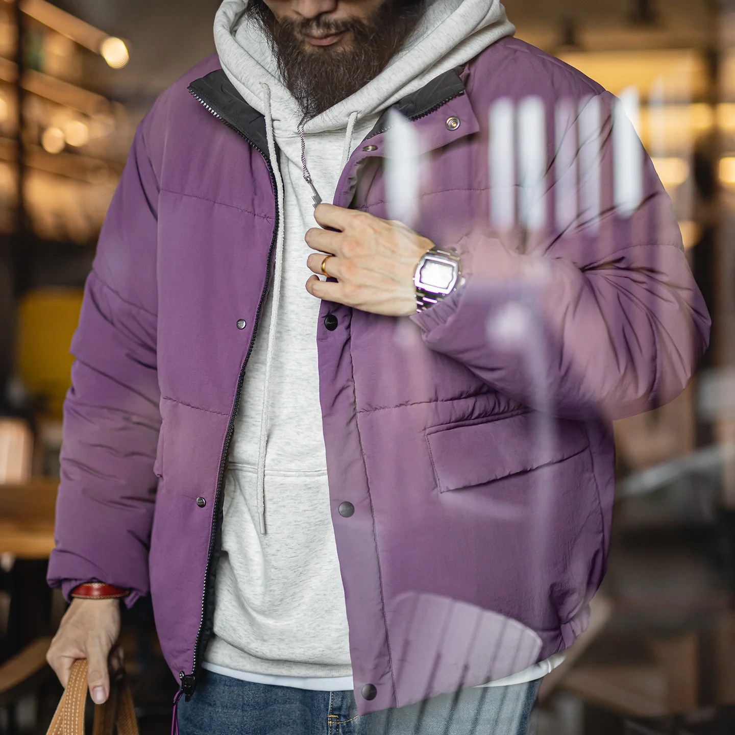 سترة مبطنة من Maden للرجال سميكة ودافئة وقصيرة للشتاء معطف مبطن بالقطن قابل للعكس وياقة واقفة ملابس خارجية غير رسمية