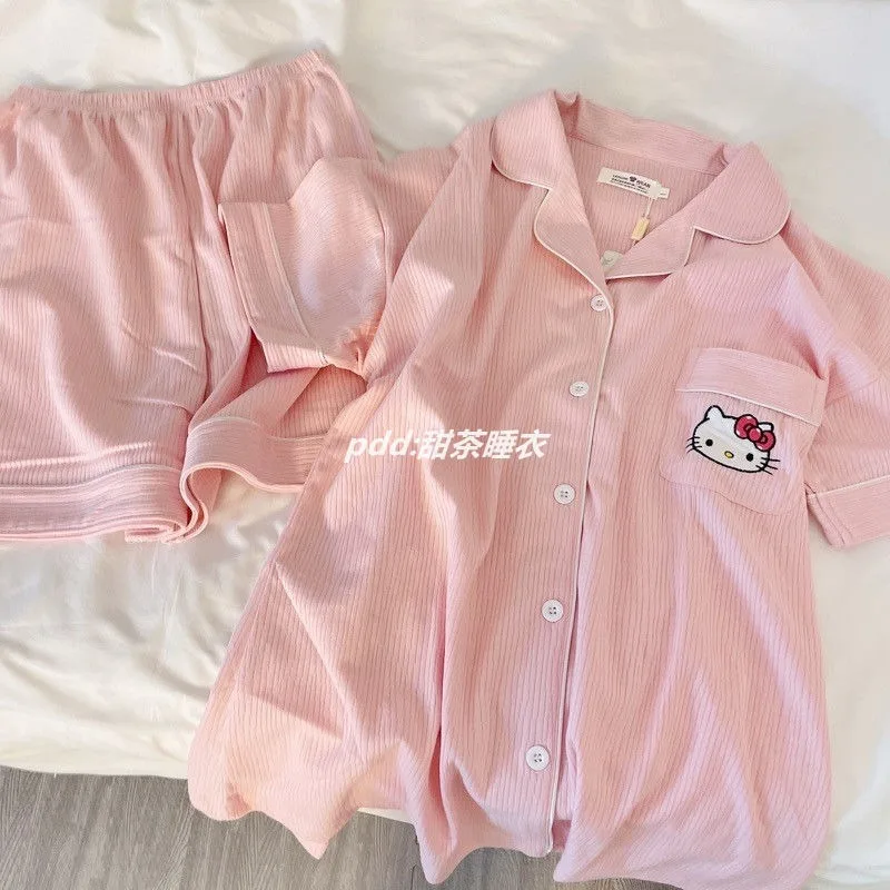 Sanrio Hello Kitty Cute Anime Pajamas Set Spring and Summer Korean Style Pajamas Loose Breathable Soft Home Wear Couple Pajamas