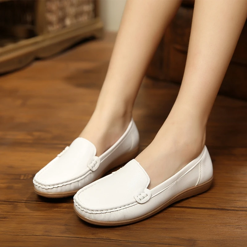 

Plus Size Women Loafers Genuine Leather Flat Shoes Woman Casual Nurse Work Shoes Women Slip On Single Shoes mother walking shoes
