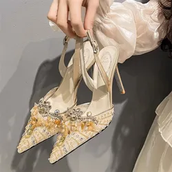 Spring and summer pointed back trip strap mesh crystal wedding shoes thin high heel banquet large size small size women's sandal