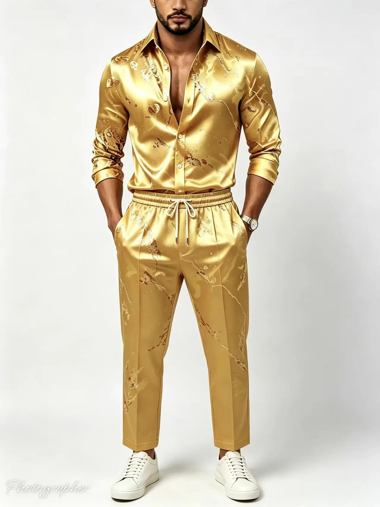 Men's 2 Piece Set Luxury Light Blue Satin Silk Gold Print Long Sleeve Shirt Pants