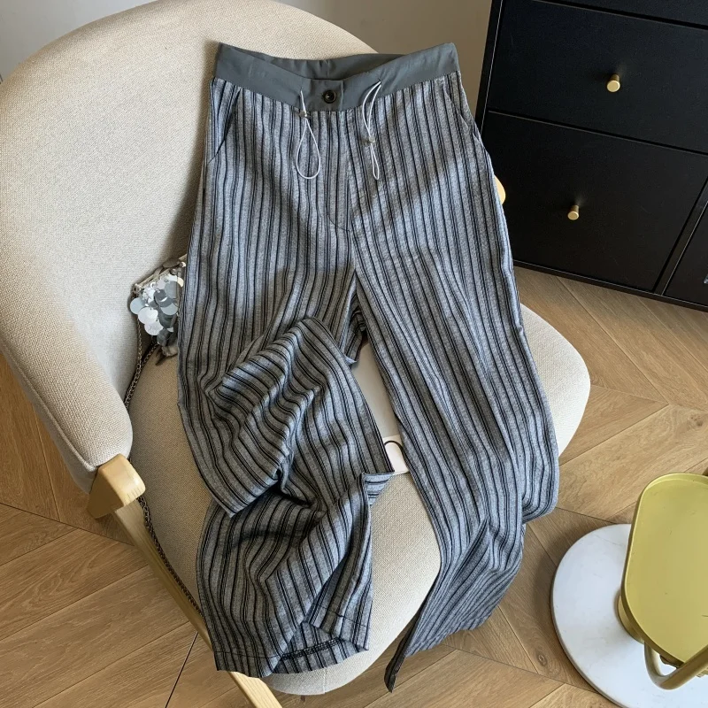 

Новинка: Женские тонкие широкие брюки в полоску для летнего отдыха, повседневные, с высокой талией, из трикотажной ткани, прямого кроя