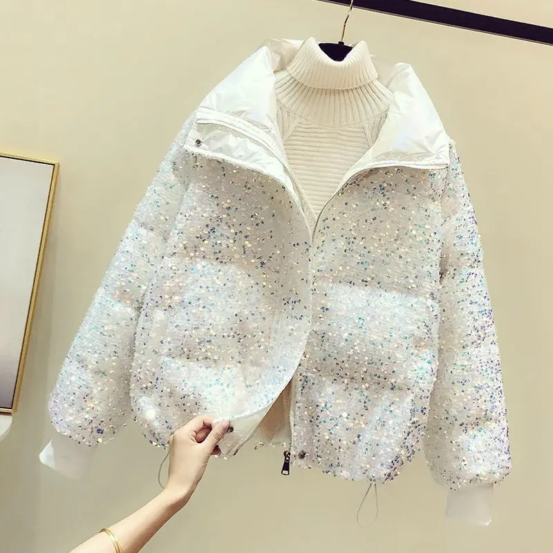 Luxury Crystal Sequins Thickened Down Cotton Coat  Ladies Fashion Loose Bread Jacket White Casual Winter Warm Coat Parkas Women