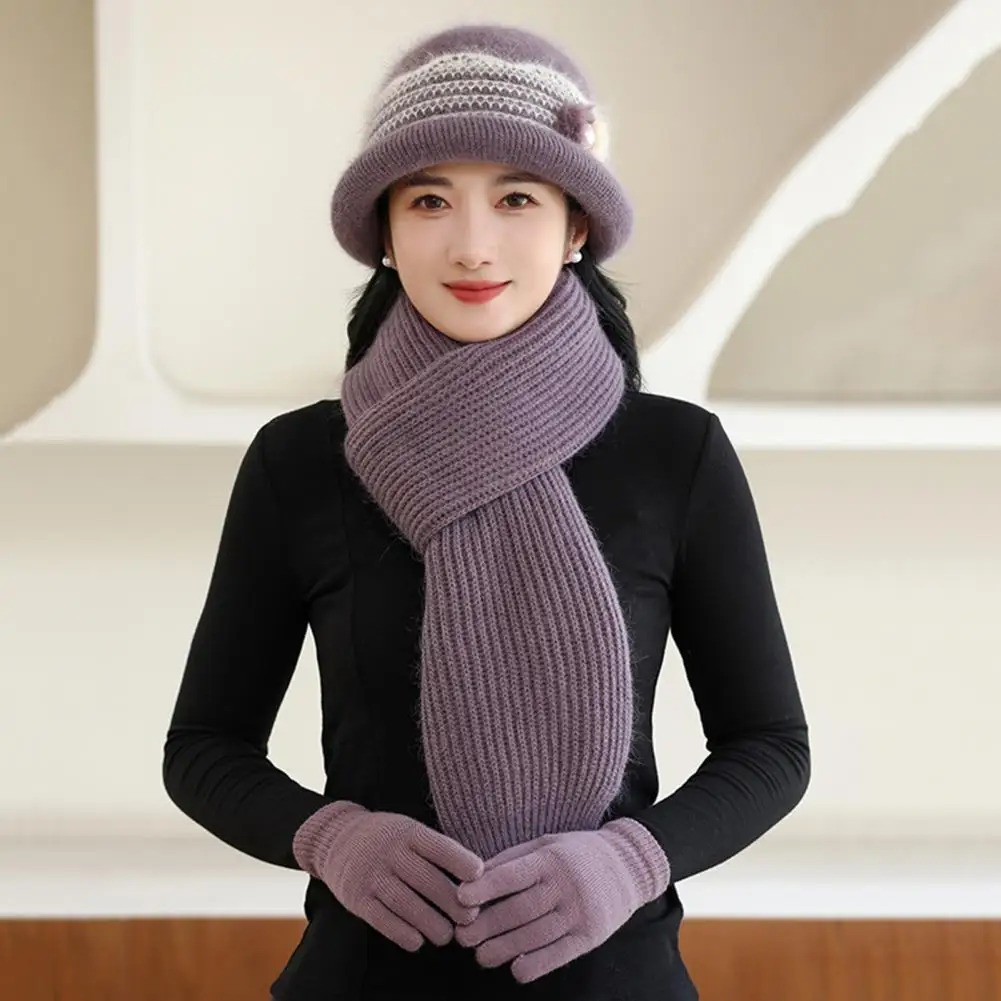 3-piece Set (set) Middle-aged Women's Winter Infinity Scarf Gloves Set Thick Knit Warm Hat Gloves