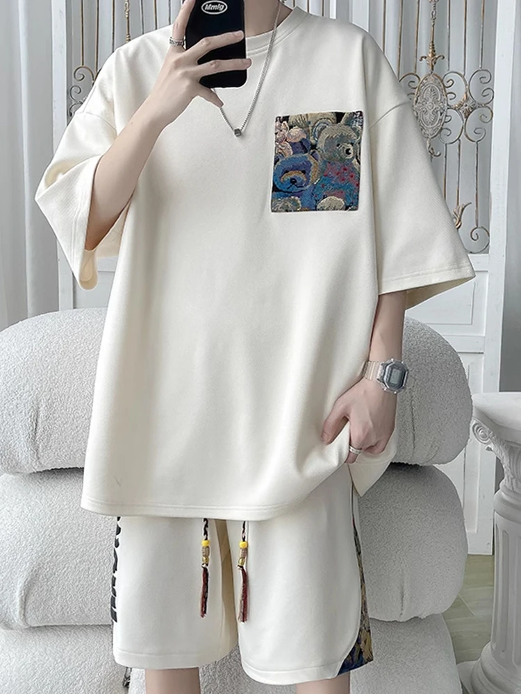 

Мужской летний повседневный спортивный костюм-двойка больших размеров, свободного кроя, в стиле Гонконг, с принтом, для подростков, футболка