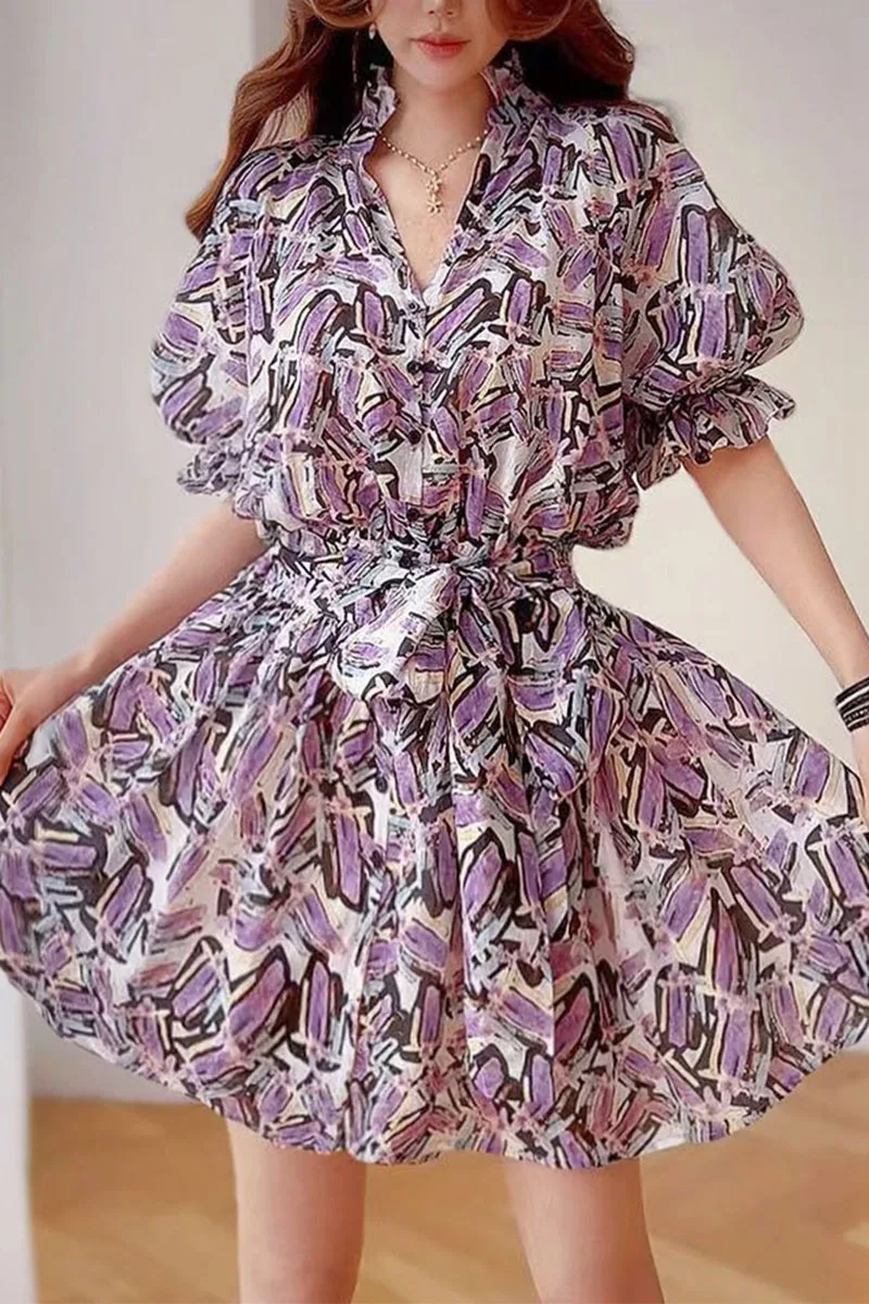 Летнее платье с принтом, шифоновое платье, женское платье с рукавами-фонариками, юбка до колена в пляжном стиле, новинка 2025, DABUWAWA DM2BDR019