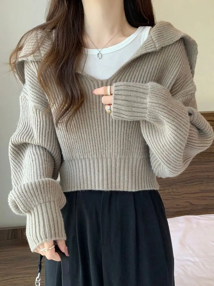 Deeptown Korean Style Autunm Winter Turn Down Collar Cropped  Sailor Collar Long Sleeves Loose Pullovers All-matched Knitwear