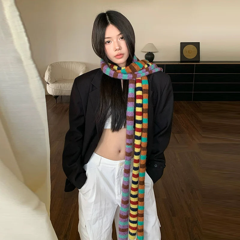 

New Korean Version Niche Fashion Y2k Long Handmade Knitted Color Blocked Scarf Fashionable Versatile Decoration Women Scarf