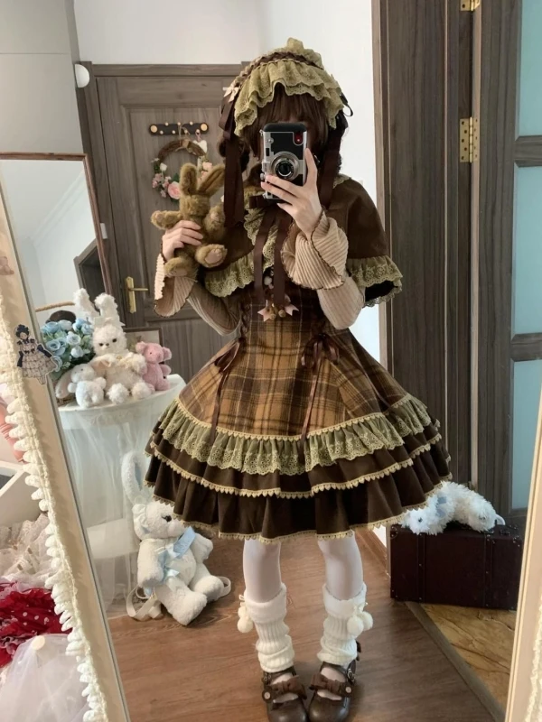 

Милый винтажный клетчатый комплект из футболки в стиле Лолиты, женский осенне-зимний плащ с кружевной отделкой, пышная юбка, ансамбль, моющийся наряд