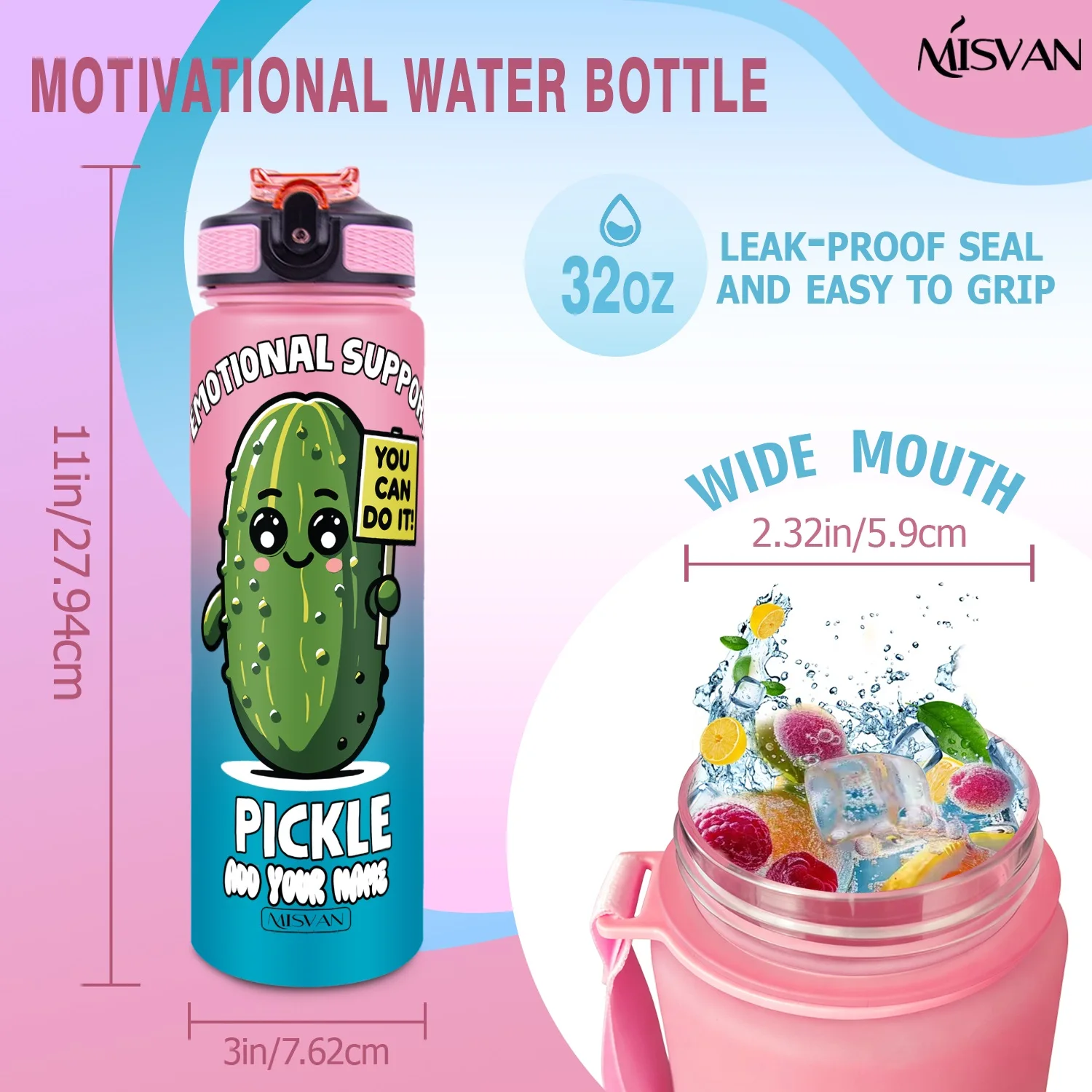a1PC、カスタマイズ名入り32オンスウォーターボトル、キュートなピクルス感情サポートプリント、毎日の水分補給を促す、ジム、アウトドアサイクリング用