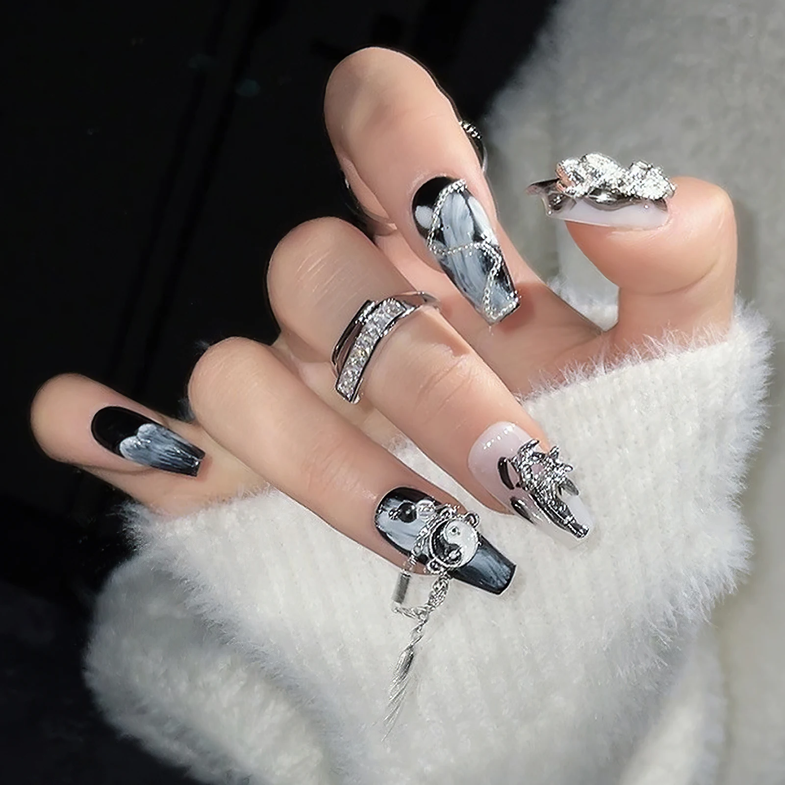 10pcs Y2k Handmade False Nails Black White Metal Dragon Designs Press On Nail Medium T Chinese Style Manicure Art For Women Girl