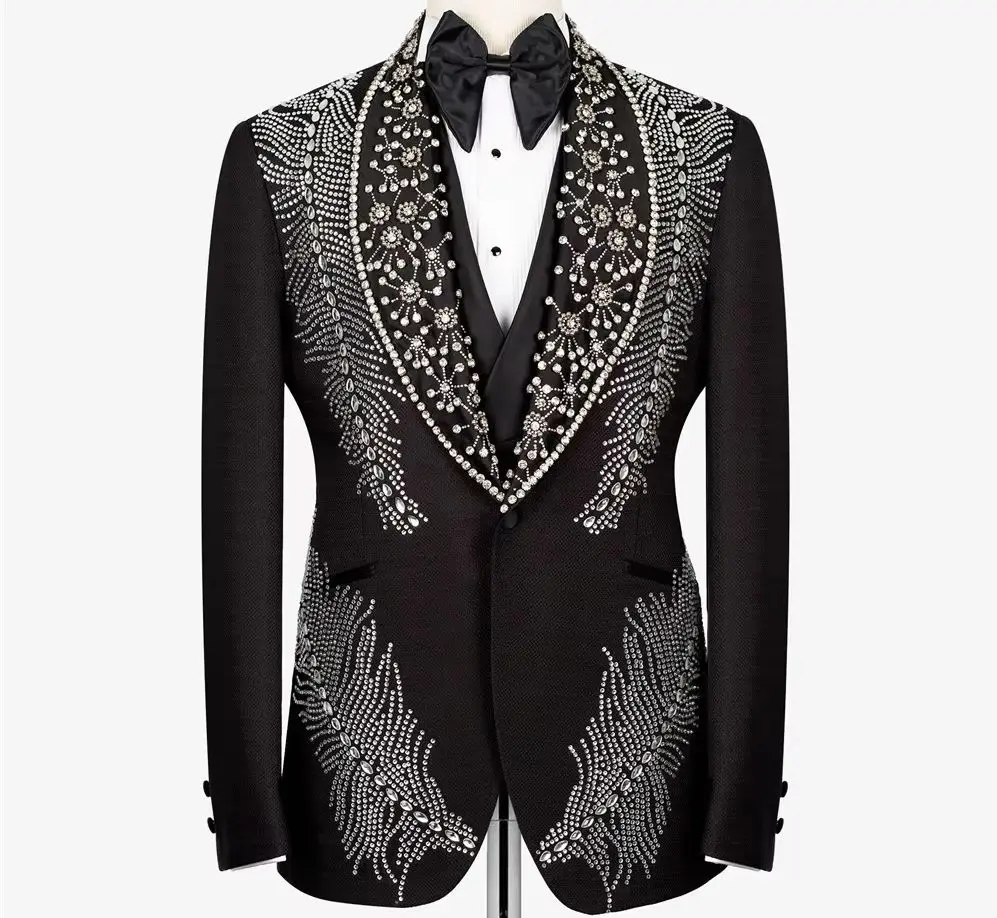 

Crystals Beaded Suits Men Single Breasted Prom Blazers Customized 3 Pieces Formal Party Groom Wedding Tuxedos Terno Masculino