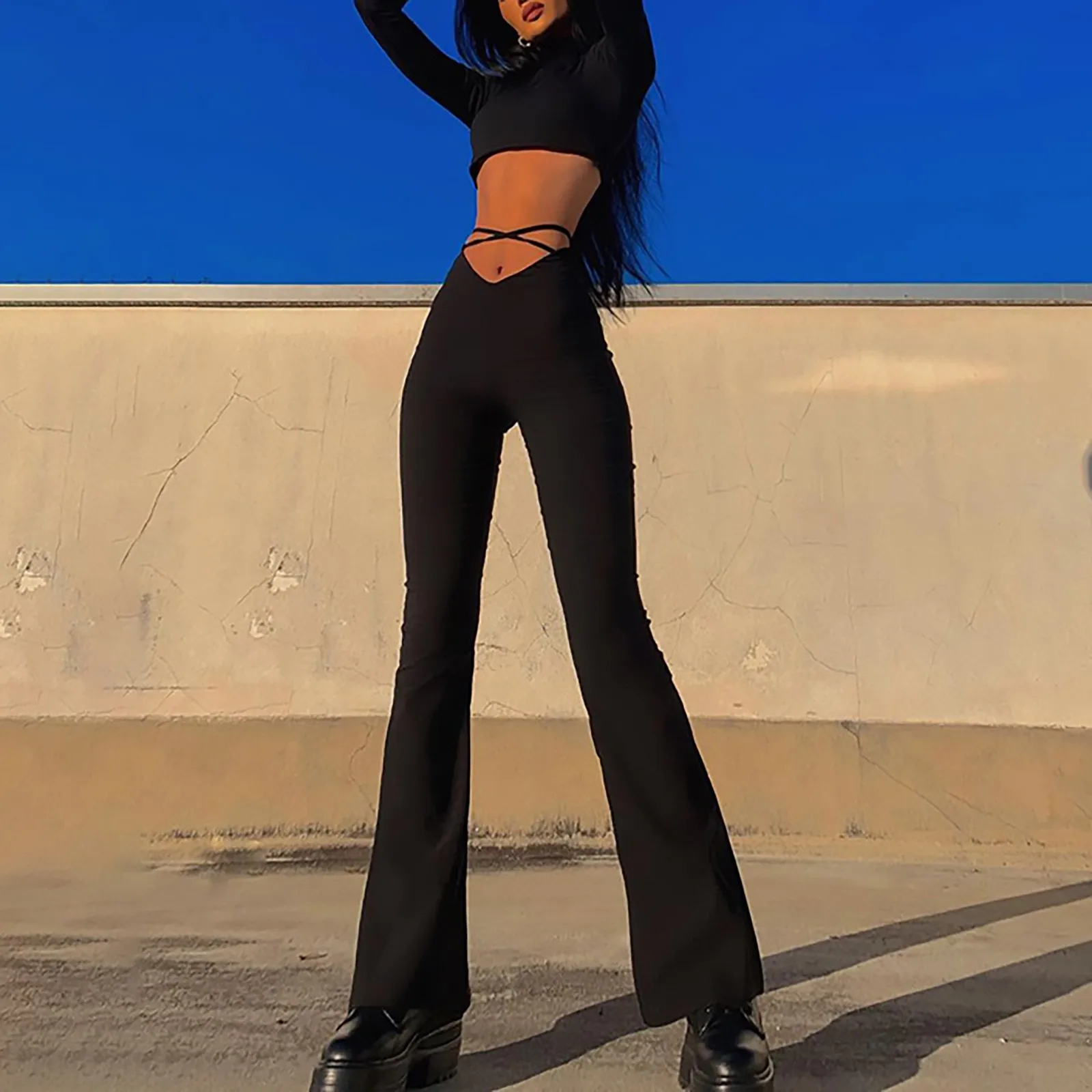 

Flare Pants Women Fashion Trousers 2024 Sexy Strechy Lace Up V Waist Low Rise Harajuku Black Pants Solid Slim Trumpet Pants