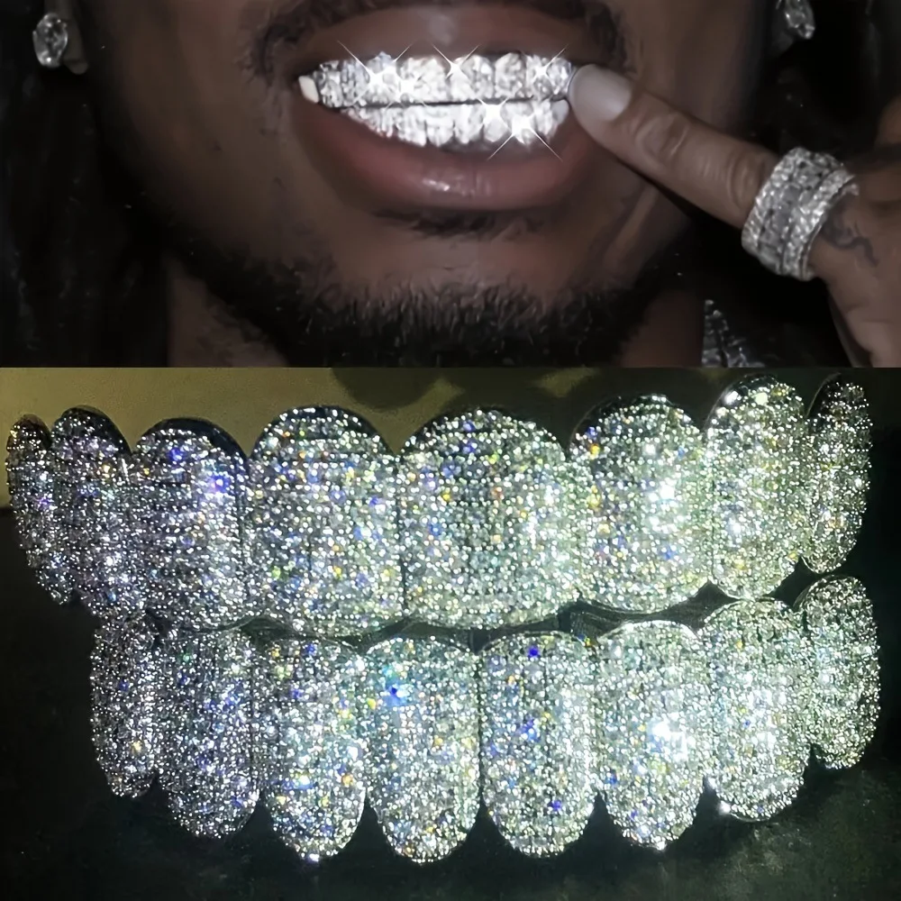 Silver Plated Full Micro Paved CZ Grillz 10 Teeth Top Bottom Hip Hop Grills Men Women Party Cosplay Dental Decor Jewelry