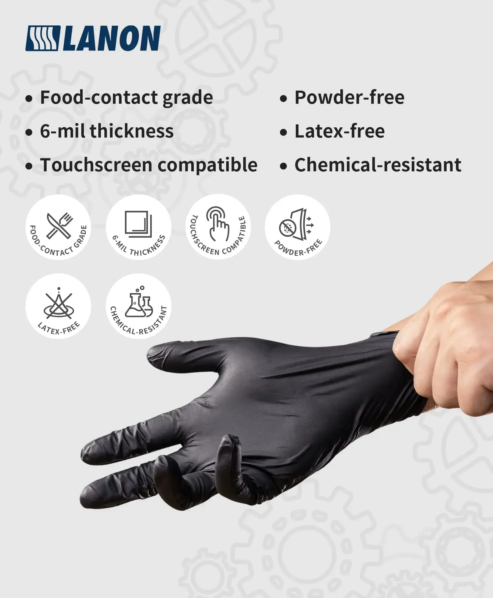 LANON 6-mil Black Nitrile Disposable Gloves, Food-Safe, Powder-Free, Heavy-Duty, Textured Fingertips, Latex-Free, Large