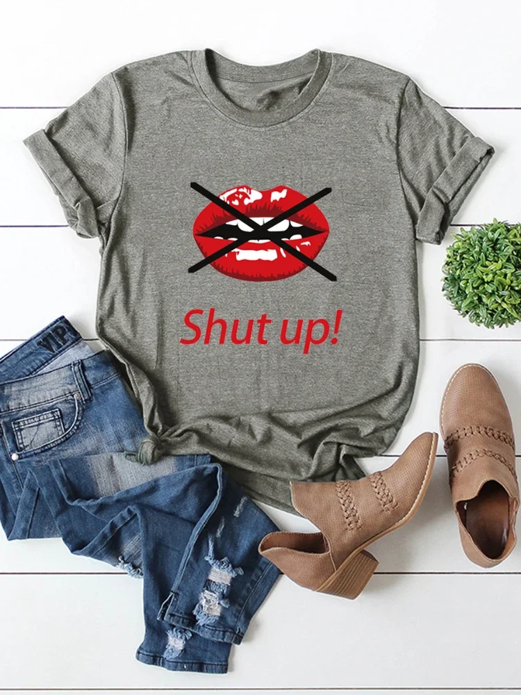 Shut Up Red Lip Print Women T Shirt Short Sleeve O Neck Loose Women Tshirt Ladies Tee Shirt Tops Clothes Camisetas Mujer