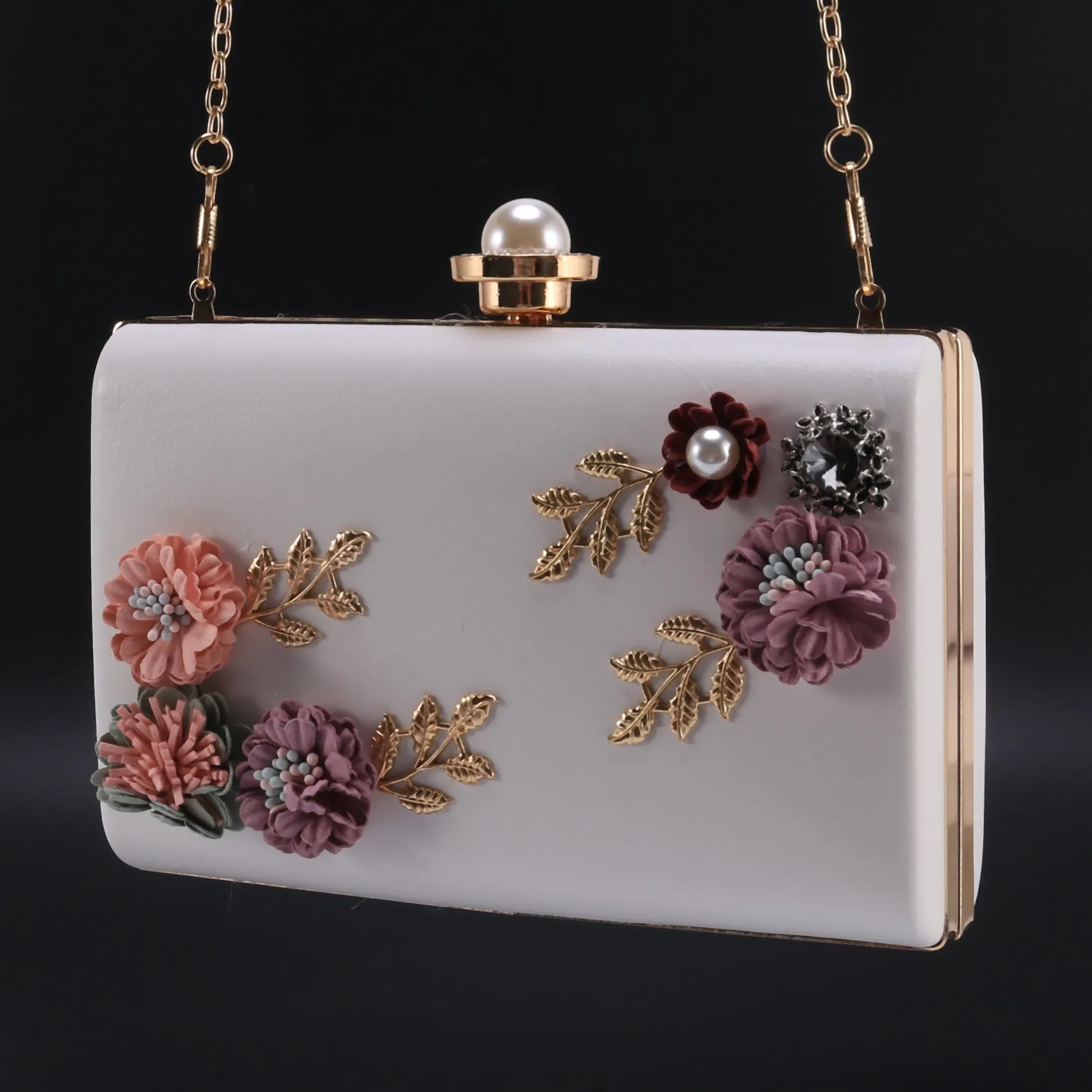 Fashion Women Leather Evening Bag Dinner Party Lady Wedding Flower Clutch Purse(white)