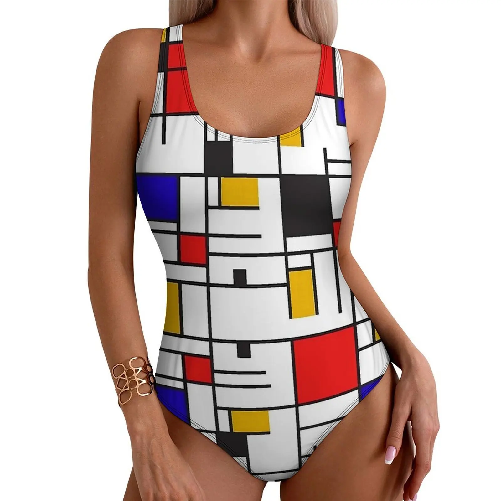 Homless Mondrian Swimsuit Sexy Check Print Women Swimwear One-Piece Stylish Bodysuit Fitness Push Up High Cut Beach Wear