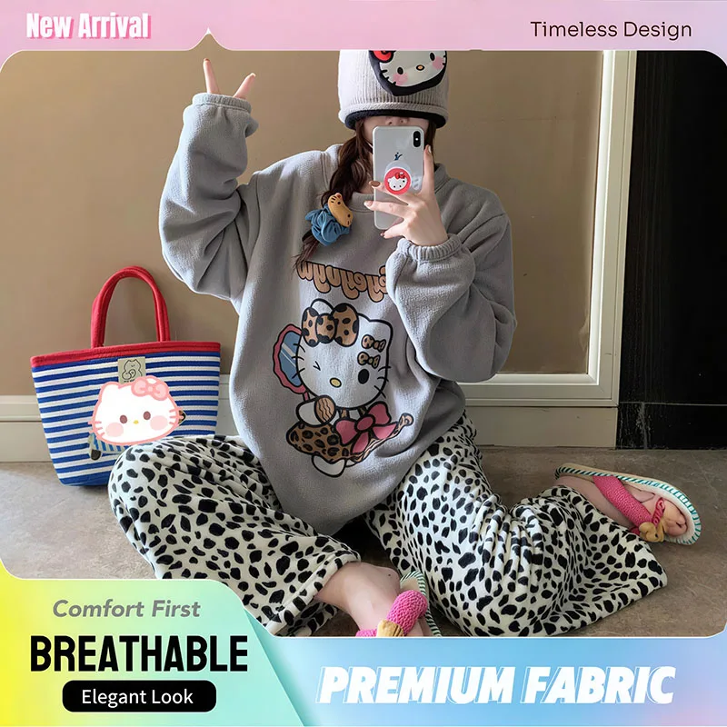 

Комплект пижам Sanrio Hello Kitty из кораллового флиса, фланелевой ткани с мультяшным леопардовым принтом, утепленный флисом, зимняя женская уютная домашняя одежда