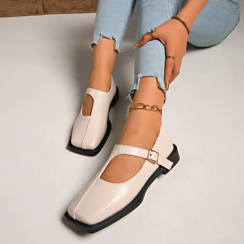 النمط الفرنسي موضة كل مباراة حذا فردي للسيدات 2025 ربيع جديد لونين ساحة تو الفم الضحلة كعب مربع حذاء مسطح حجم كبير #2