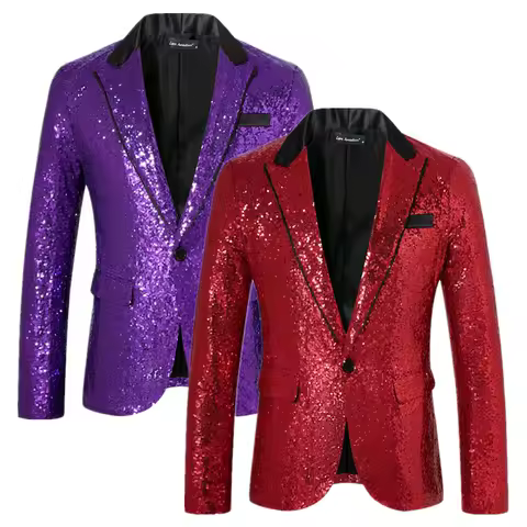 New Men Luxury Sequin Suit One Button Jacket Red / Purple Fashion Singer Host Wedding Prom Party Stage Performance Dress Blazer