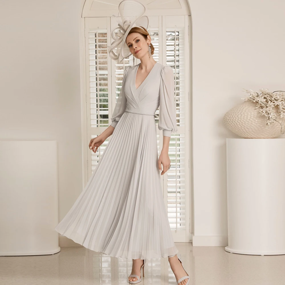 Elegant Chiffon Mother Of The Bride Dresses V Neck 3/4 Sleeves Wedding Party Gowns Pleat A-Line Ankle Length 2023 فساتين السهرة