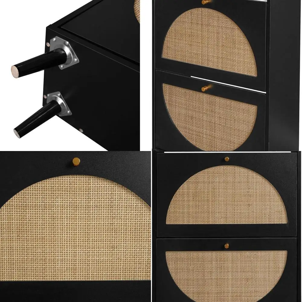 

Современная деревянная полка для обуви в стиле ротанга, 3-уровневое хранилище, 4 сосновых ножки, черный - водонепроницаемый, компактный органайзер для прихожей