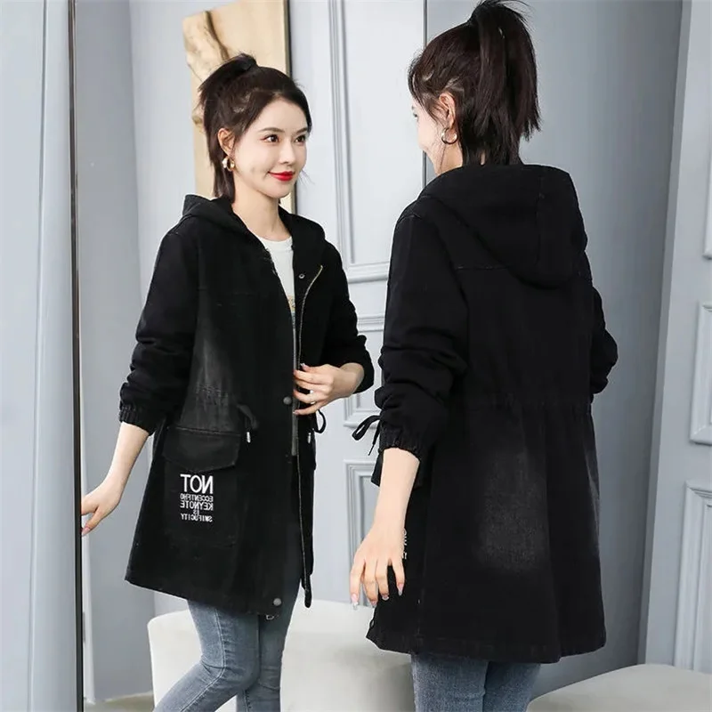 Nice New Autumn Women's Denim Jacket Hooded Long Coat Jeans Jackets Casual Loose Boyfriend Denim Coats Outerwear Women Clothing