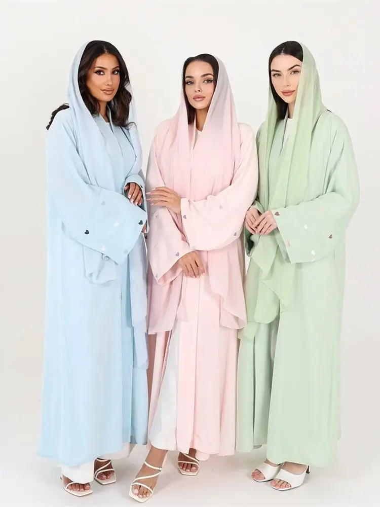 Fashion Love Heart Embroidery Open Plain Kimono Abaya for Women Dubai Luxury Muslim Kaftan Elegant Cardigan Islam Clothing 