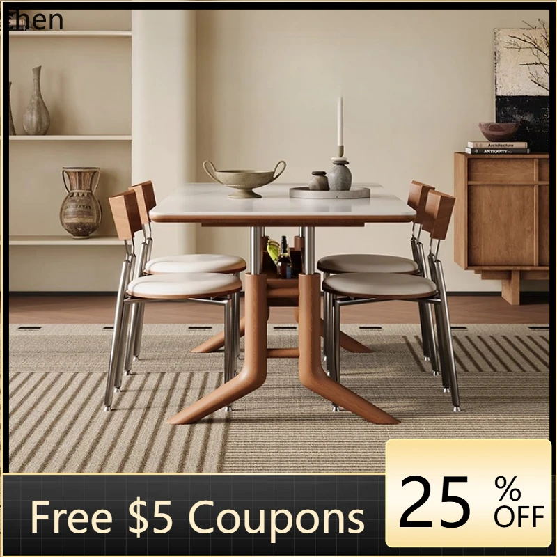 

rock slab solid wood dining table household rectangular dining table with rack