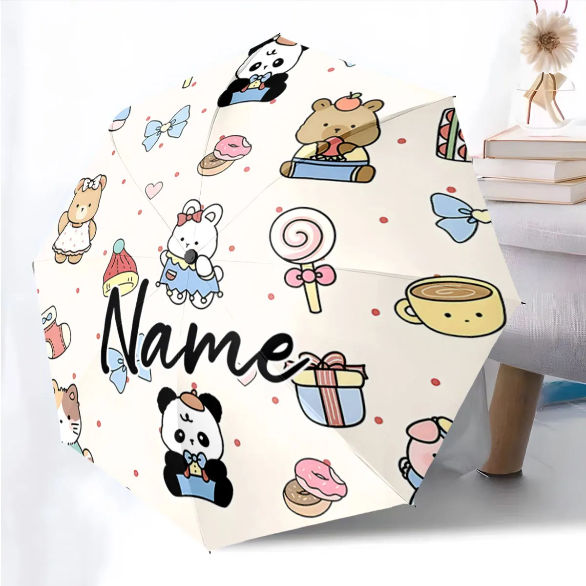 Custom Name Cute Cartoon Pattern Umbrella with Personalization Print 8 Iron Ribs Folding Umbrella, Auto-Open Fashion Sunshade
