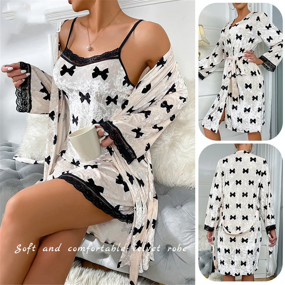 

Sexy Bow Print Velvet Female Twinset Robe Set Nightgown Autumn Sleepwear Home Dressing Gown Velour Homewear