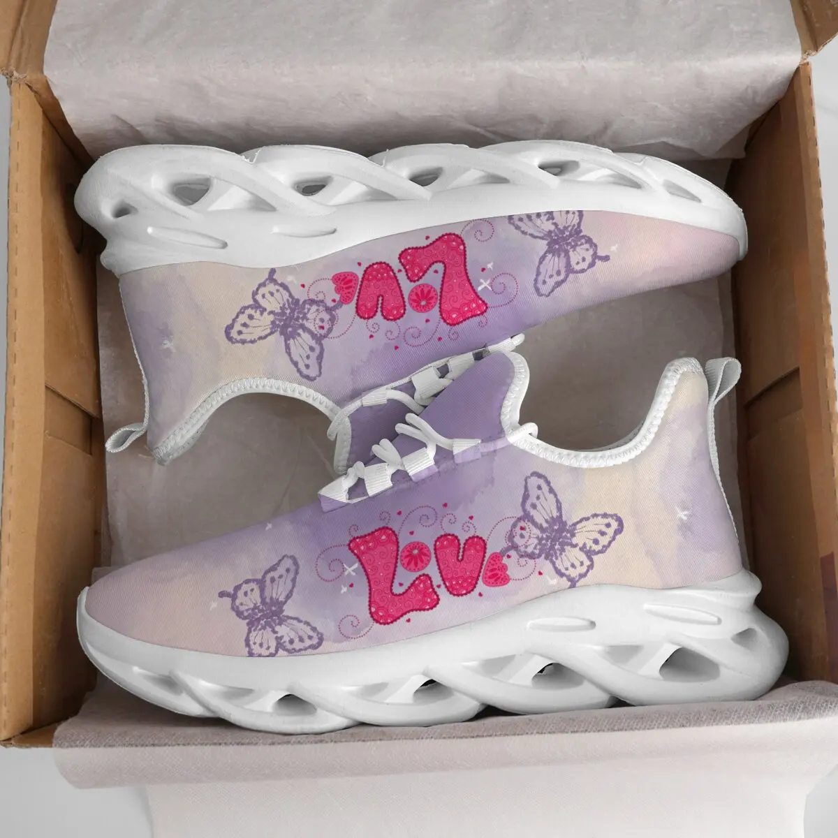 

Couple's Round Head Lightweight Flying Woven Heart Cartoon Animation Letter Pattern Design Printed Lace-up Casual Sports Shoes