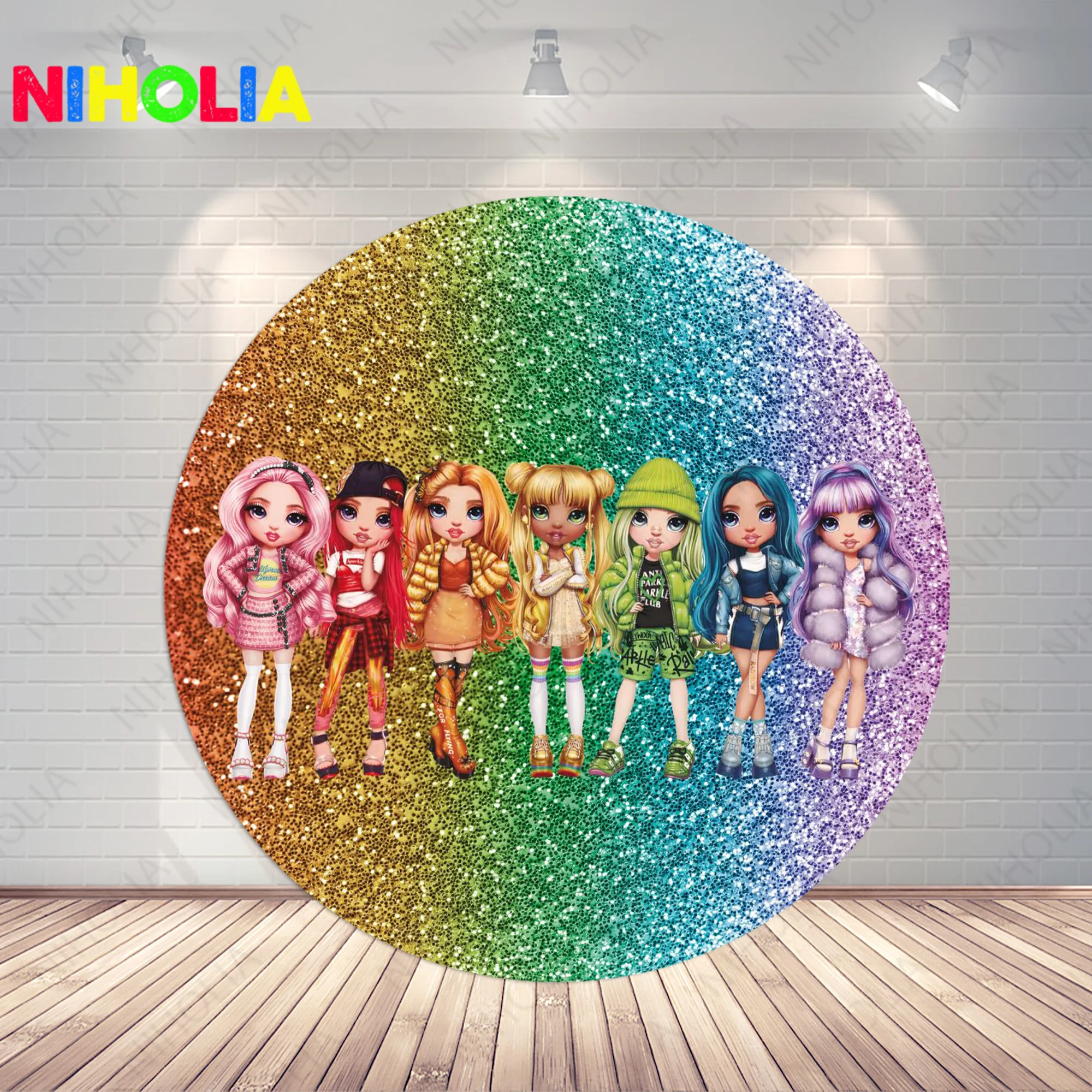 Niholia Rainbow High Round Photo Backdrop Girls Birthday Party Colorful Photography Background Circle Photo Booth Prop